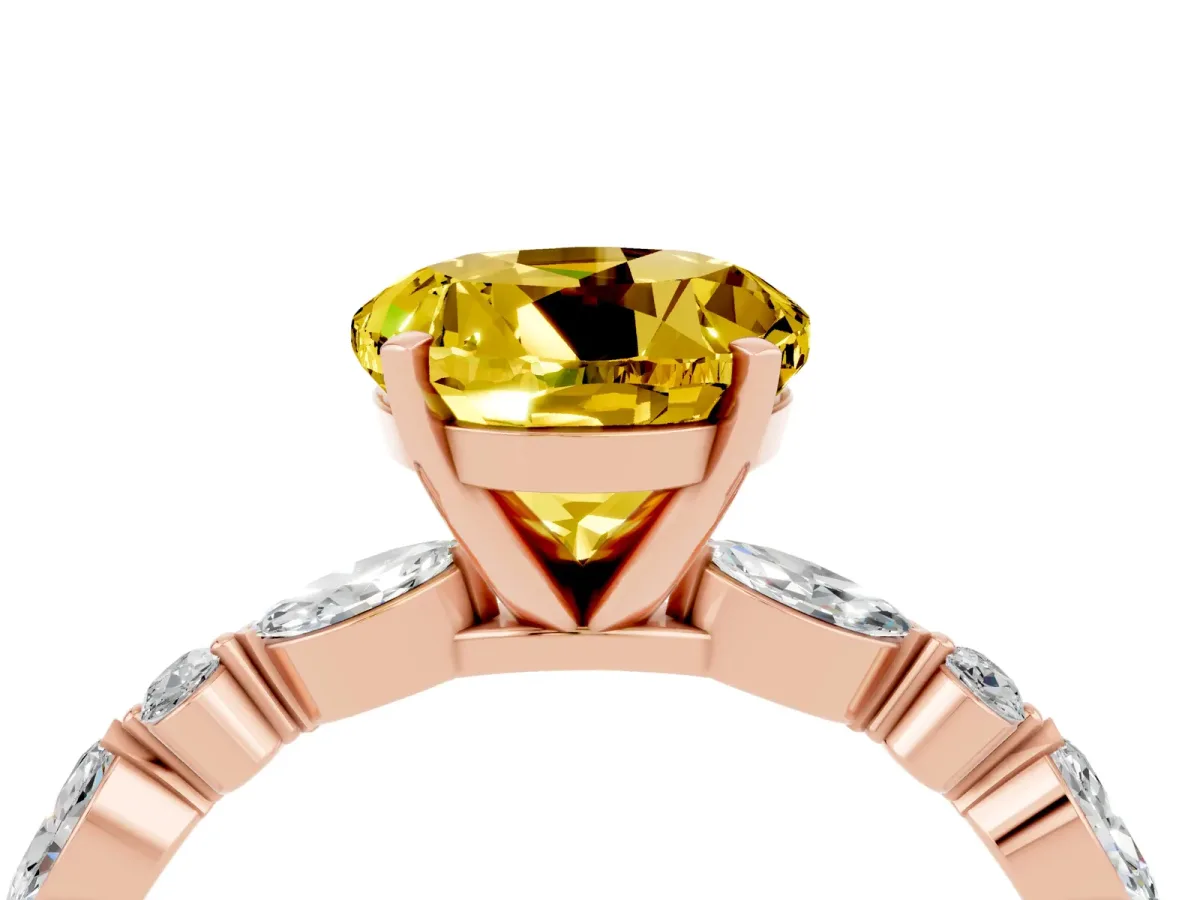 Round Cut Yellow Sapphire Ring with Marquise and Round Side Stones and Four-Prong Setting Rose gold