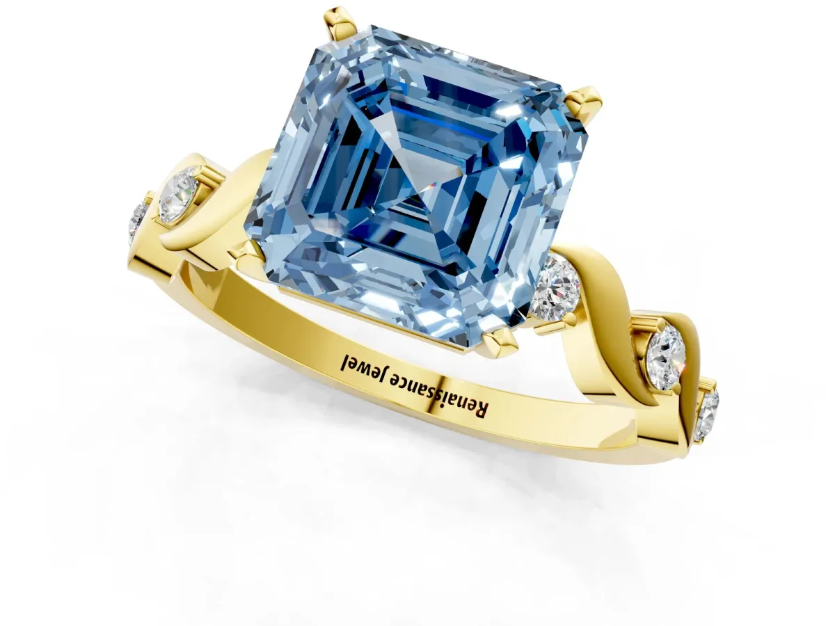 Fancy Blue Asscher Cut Diamond Solitaire Twisted Band with Round Accents and Prong Setting Yellow gold