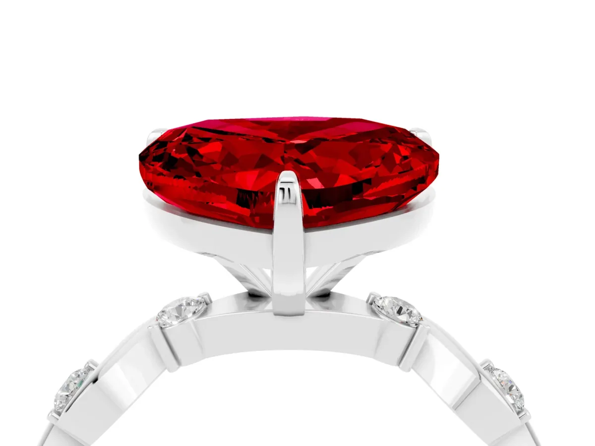 Heart Cut Ruby Solitaire Twisted Band with Round Accents and Prong Setting Silver