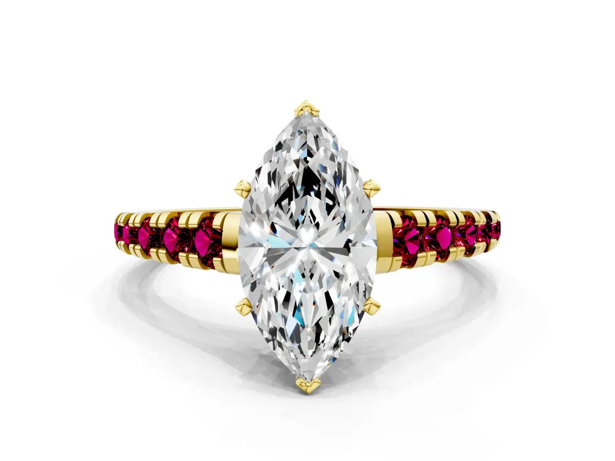 Marquise Cut Diamond Cathedral Solitaire Ring with Round Garnet Pavé Band Yellow gold