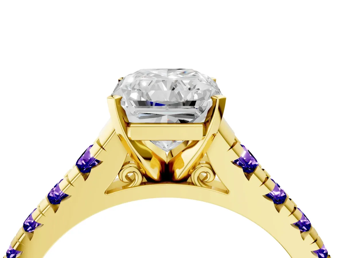 Radiant Cut Diamond Cathedral Solitaire Ring with Round Tanzanite Pavé Band Yellow gold
