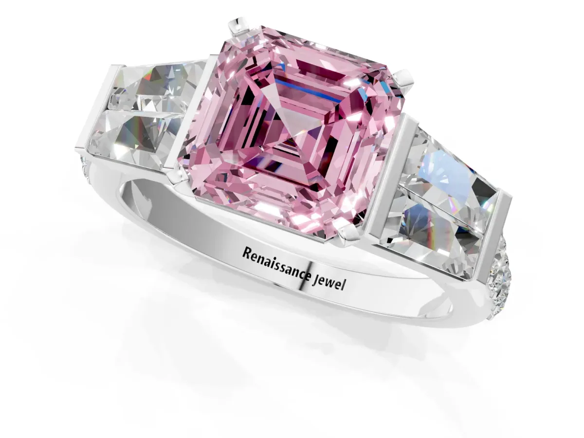 Fancy Pink Asscher Cut Diamond Engagement Ring with Baguette Side Stones and Channel Set Band Platinum