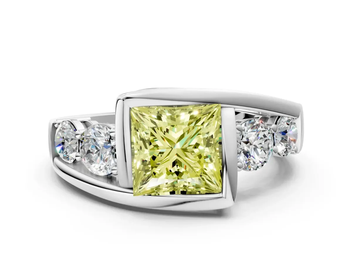 Fancy Yellow Bezel Set Princess Cut Diamond Bypass Ring with Round Accents Platinum