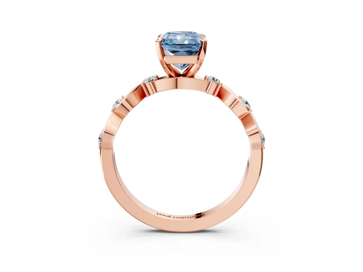 Fancy Blue Radiant Cut Diamond Solitaire Twisted Band with Round Accents and Prong Setting Rose gold