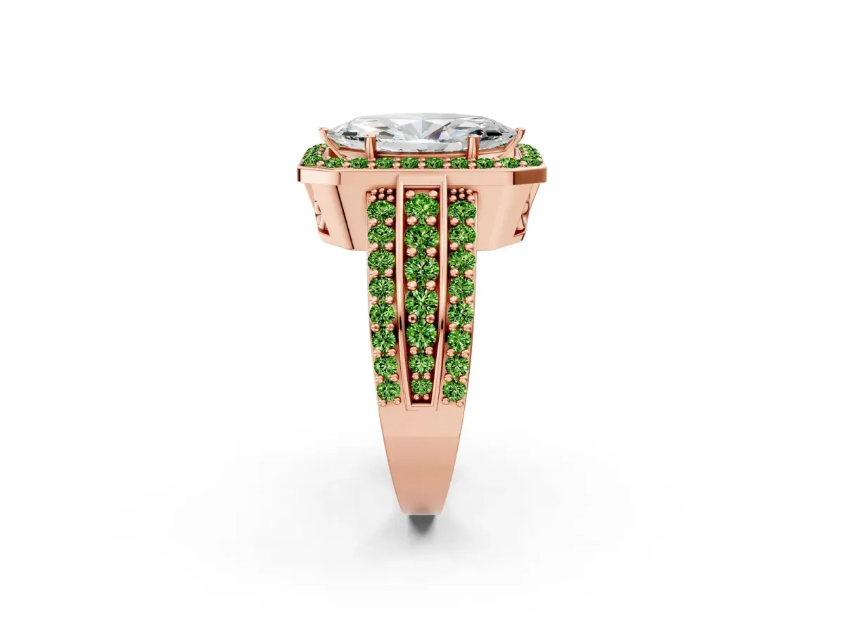 Marquise Cut Halo Diamond Ring with Round Peridot Split Shank and Prong Setting Rose gold