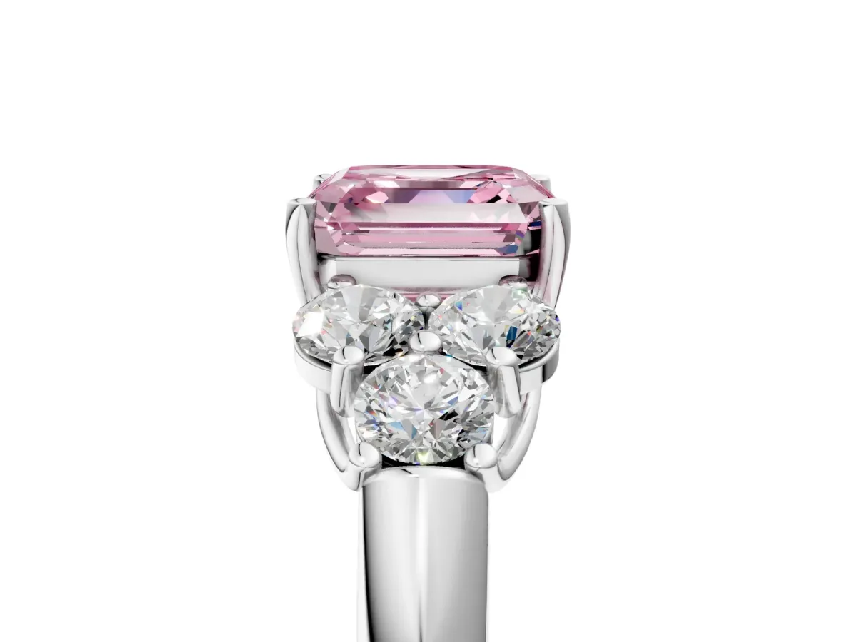 Fancy Pink Asscher Cut Cut Diamond Cluster Ring with Round Accent Stones and Prong Setting on a Classic Band Platinum