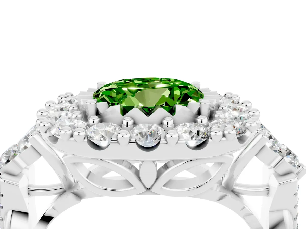 Round Cut Peridot Halo Ring with Pavé Band and Four-Prong Setting Silver