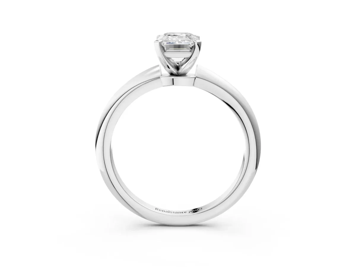Emerald Cut Diamond Solitaire Ring with Six-Prong Setting and Classic Band Silver