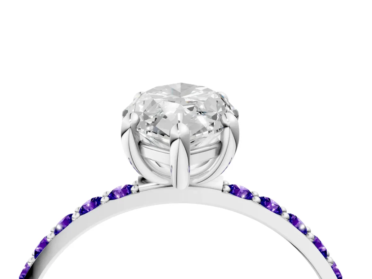 Marquise Cut Diamond Solitaire Ring with Round Tanzanite Pavé Band and Prong Setting White gold