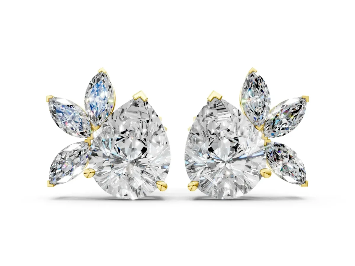 Pear Diamond Fan Stud Earrings with Marquise Lab Grown Diamond Accents Yellow gold