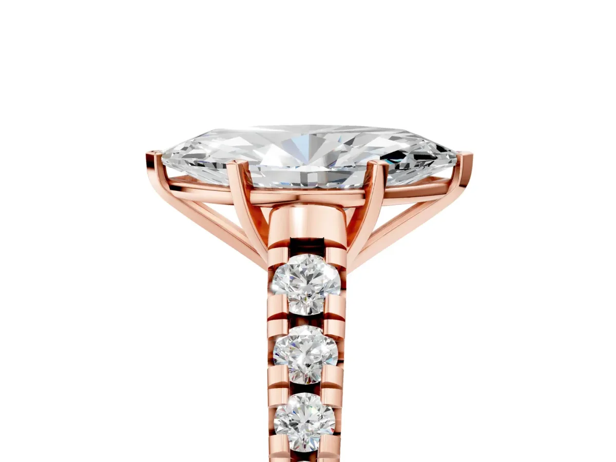 Marquise Cut Diamond Cathedral Solitaire Ring with Round Moissanite Pavé Band Rose gold
