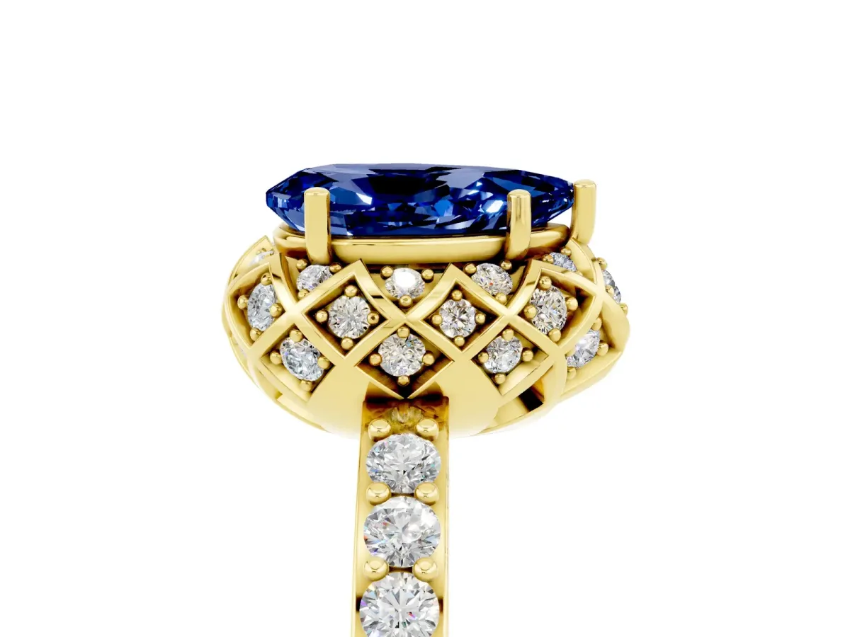 Pear Cut Blue Sapphire Scalloped Halo Engagement Ring with Round Shared Prong Band Yellow gold