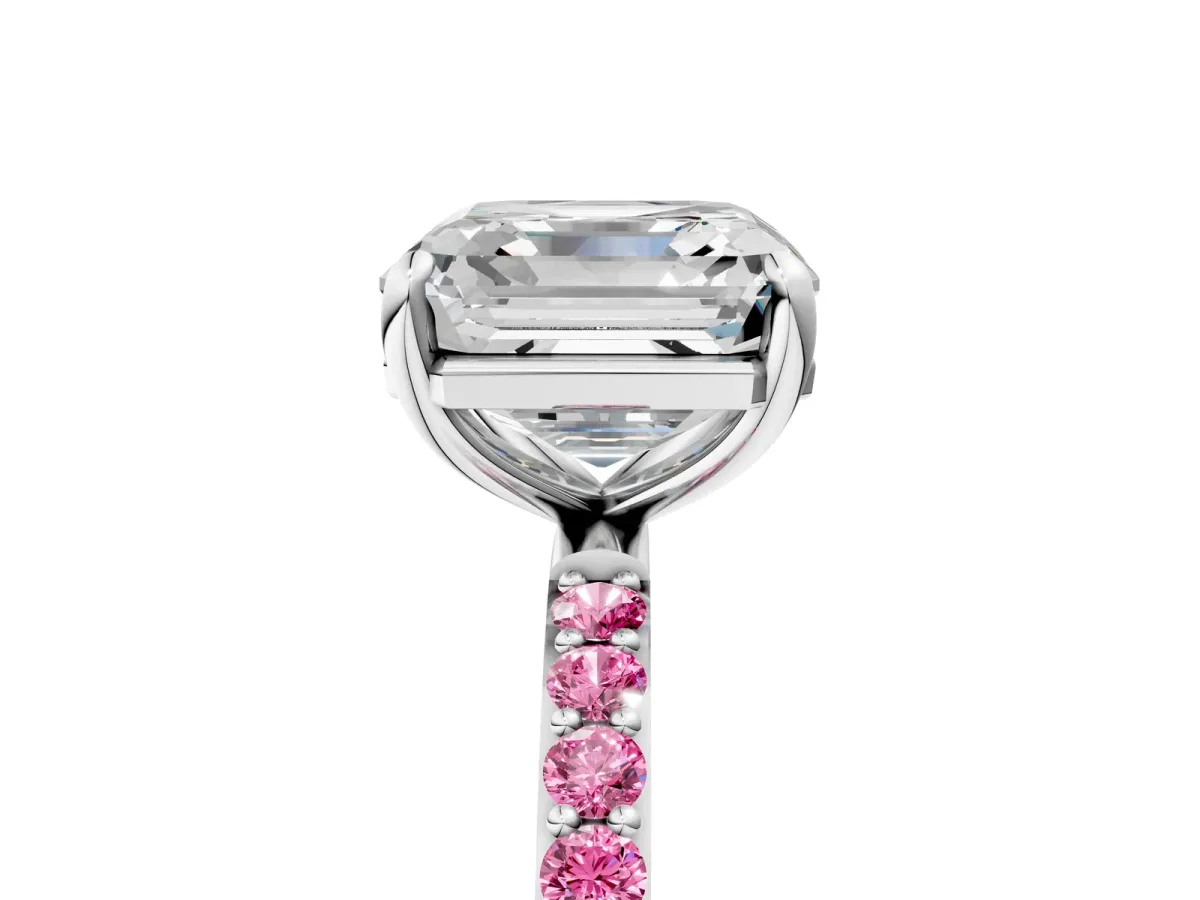 Asscher Cut Diamond Solitaire Ring with Round Pink Sapphire Pavé Band and Prong Setting White gold