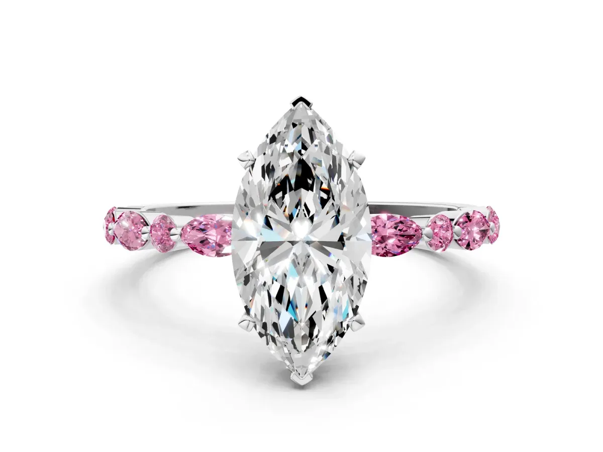Marquise Cut Diamond Ring with Marquise and Round Pink Sapphire Side Stones and Four-Prong Setting Platinum