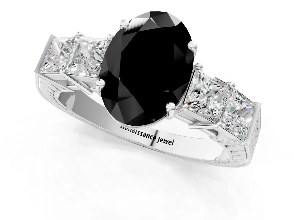 Fancy Black Oval Cut Solitaire Princess Side Stone Engraved Band Prong Setting Ring Silver