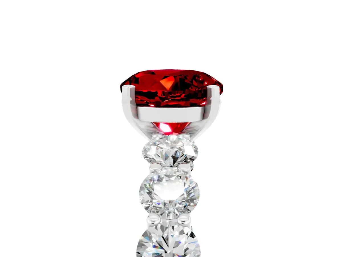 Round Cut Ruby Prong Setting with Side Stones on a Pave Band White gold