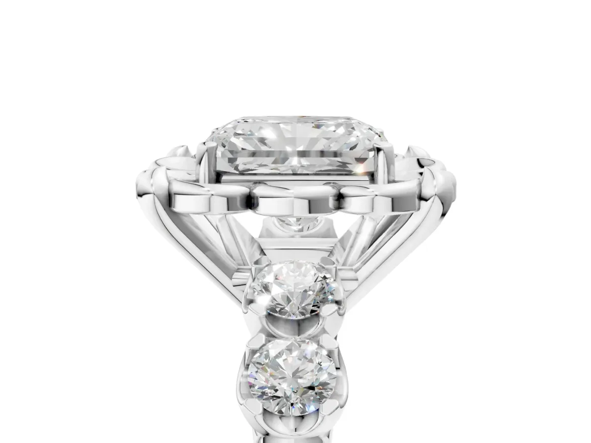 Radiant Cut Cut Diamond Floral Halo Engagement Ring with Shared Prong Setting Silver