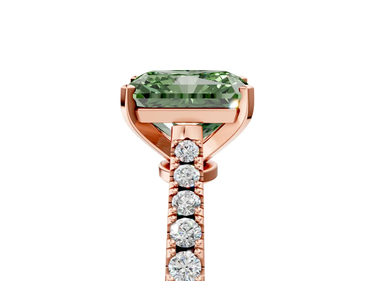 Fancy Green Radiant Cut Cut Solitaire Diamond Engagement Ring with Pave Band and Four-Prong Setting Rose gold