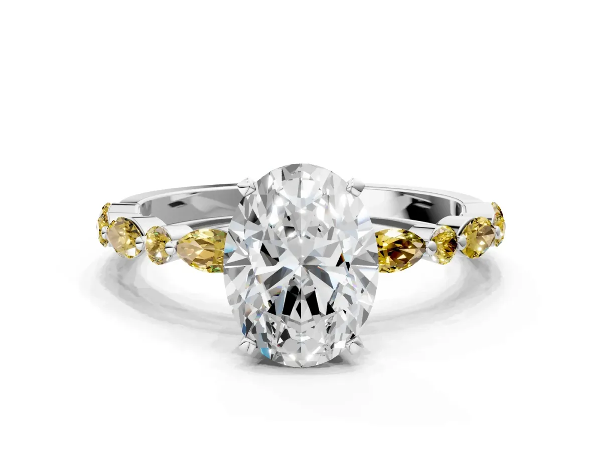Oval Cut Diamond Ring with Marquise and Round Yellow Sapphire Side Stones and Four-Prong Setting White gold