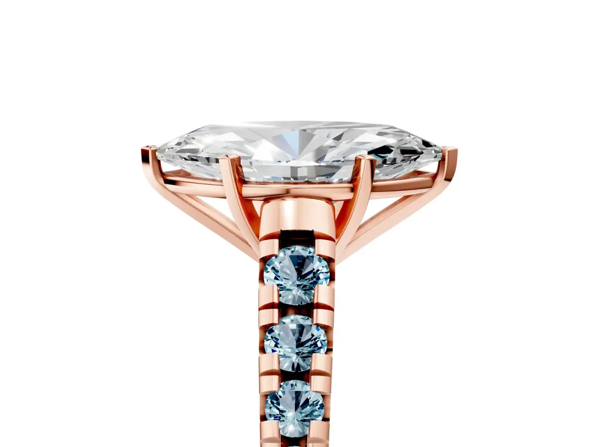 Marquise Cut Diamond Cathedral Solitaire Ring with Round Aquamarine Pavé Band Rose gold