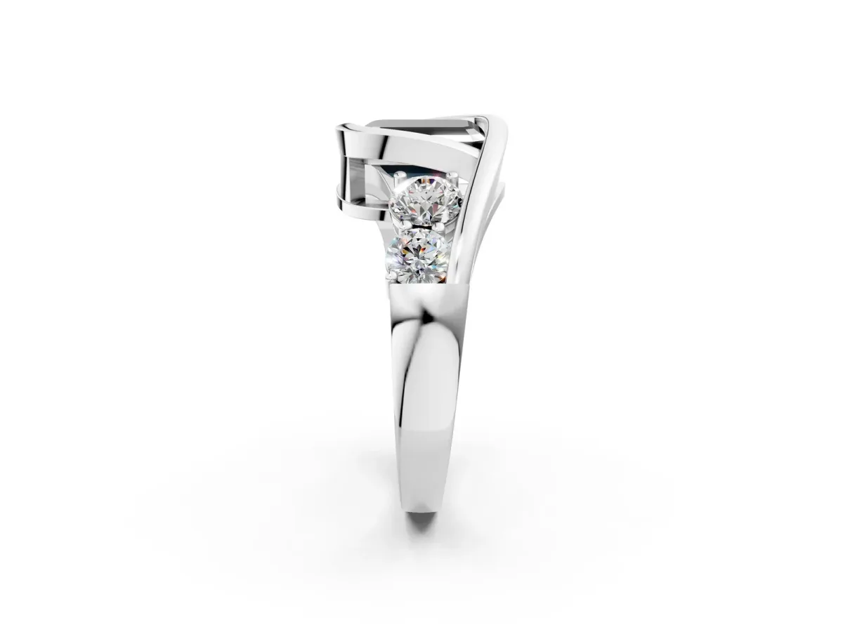 Fancy Black Bezel Set Emerald Cut Diamond Bypass Ring with Round Accents Silver