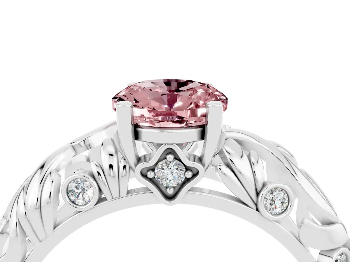 Oval Cut Solitaire Morganite Leaf-Inspired Vine Band Ring with Prong Setting White gold