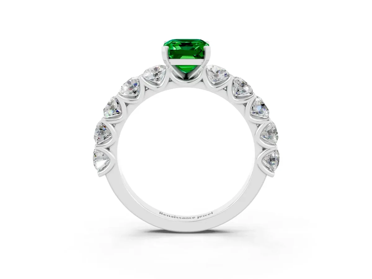 Emerald Cut Emerald Prong Setting with Side Stones on a Pave Band Silver