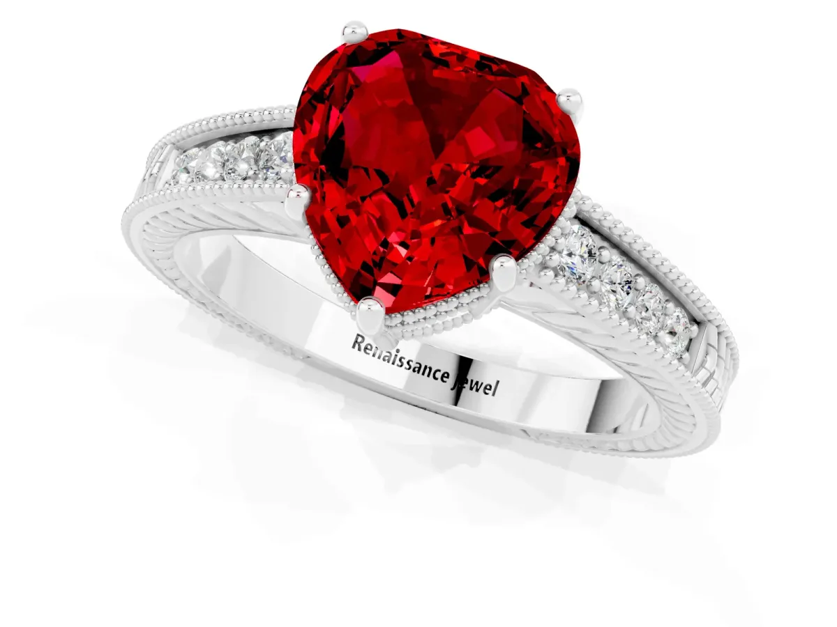 Heart Cut Ruby Ring with Milgrain Pavé Band and Four-Prong Setting Platinum