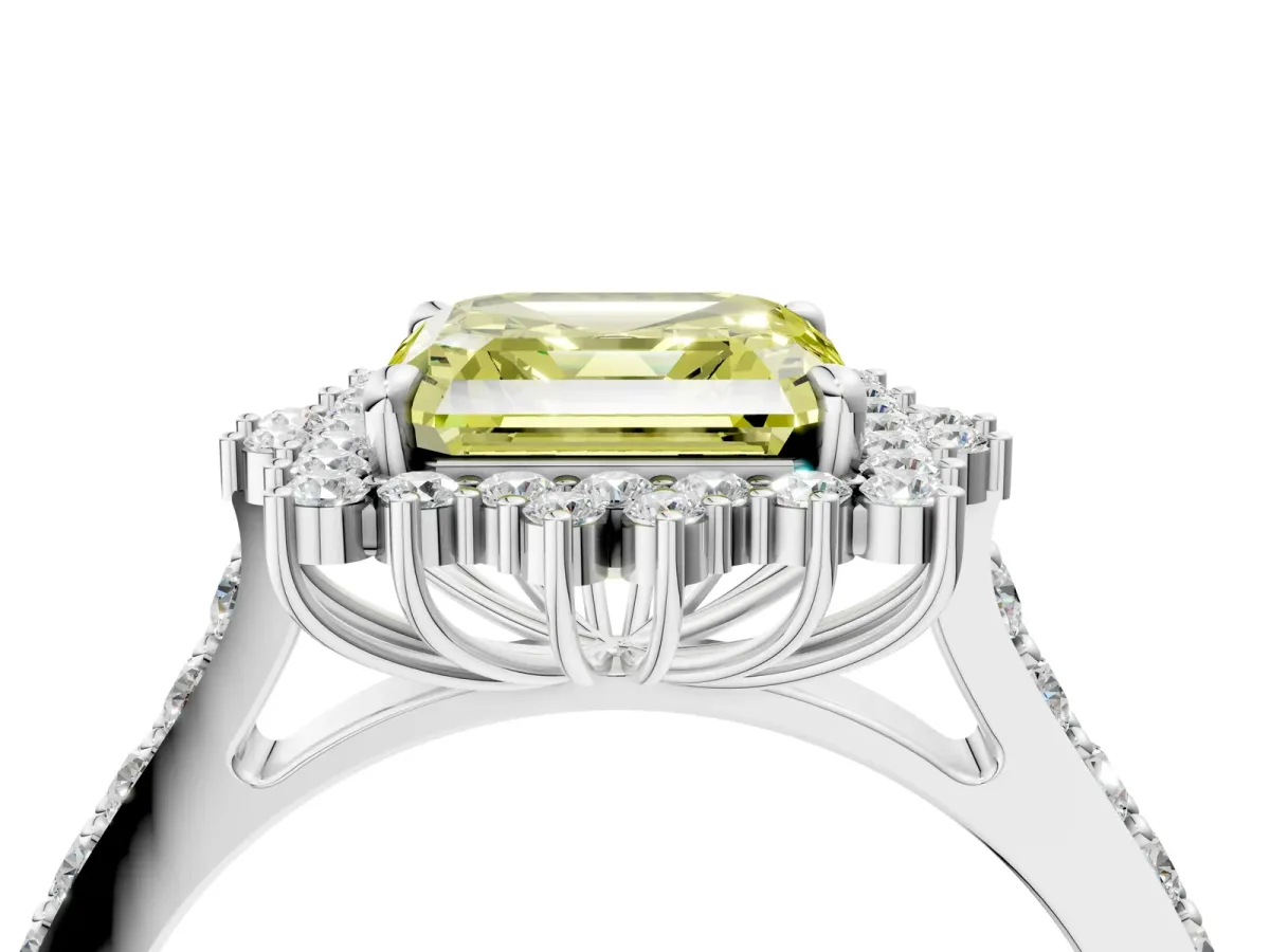 Fancy Yellow Asscher Cut Cut Diamond Sunburst Halo Engagement Ring with Pavé Band Platinum