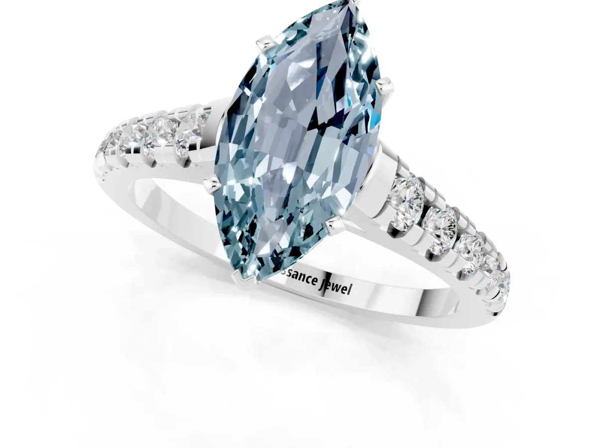 Marquise Cut Aquamarine Cathedral Solitaire Ring with Round Pavé Band White gold