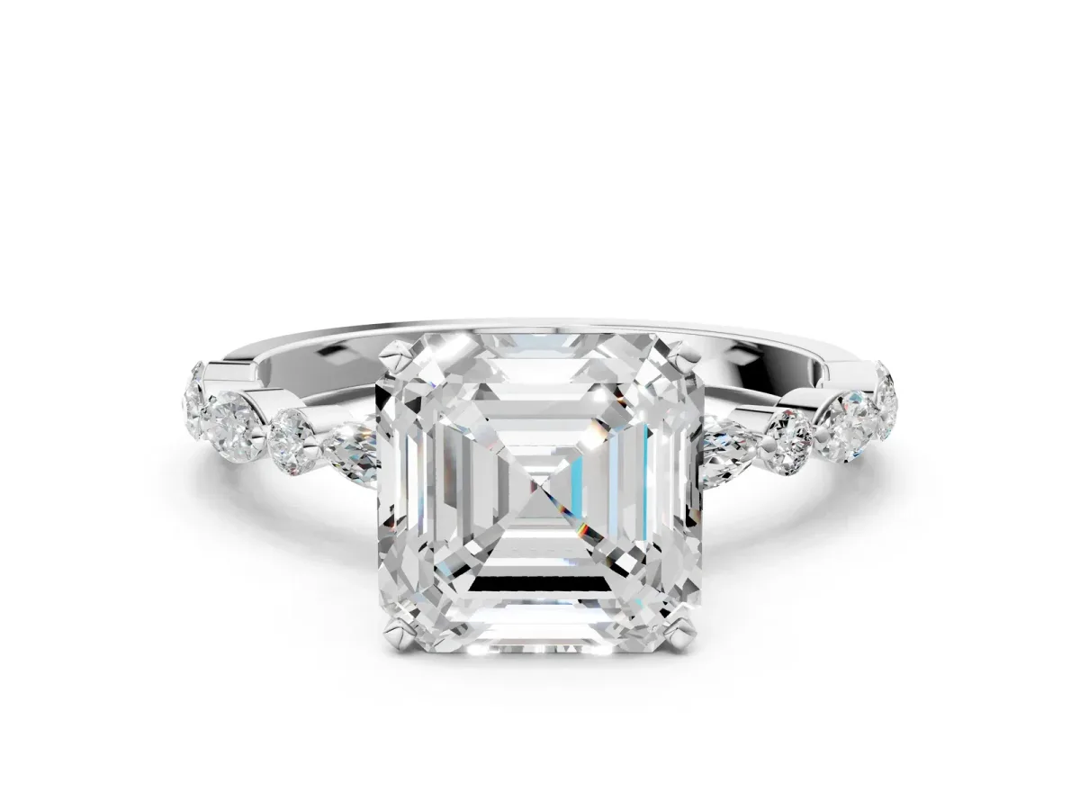 Asscher Cut Diamond Ring with Marquise and Round Moissanite Side Stones and Four-Prong Setting White gold