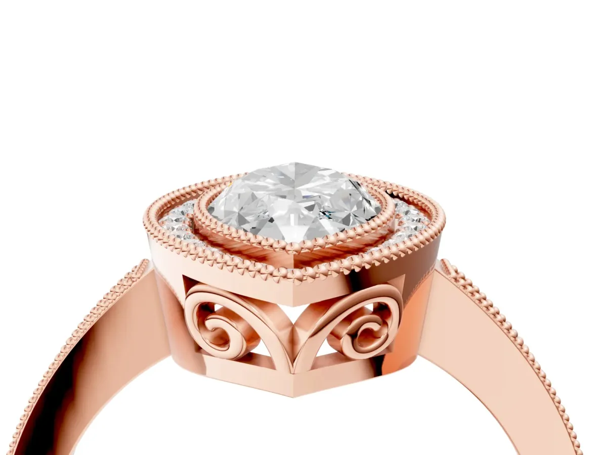 Marquise Cut Cut Halo Diamond Ring with Pavé Band and Milgrain Prong Setting Rose gold