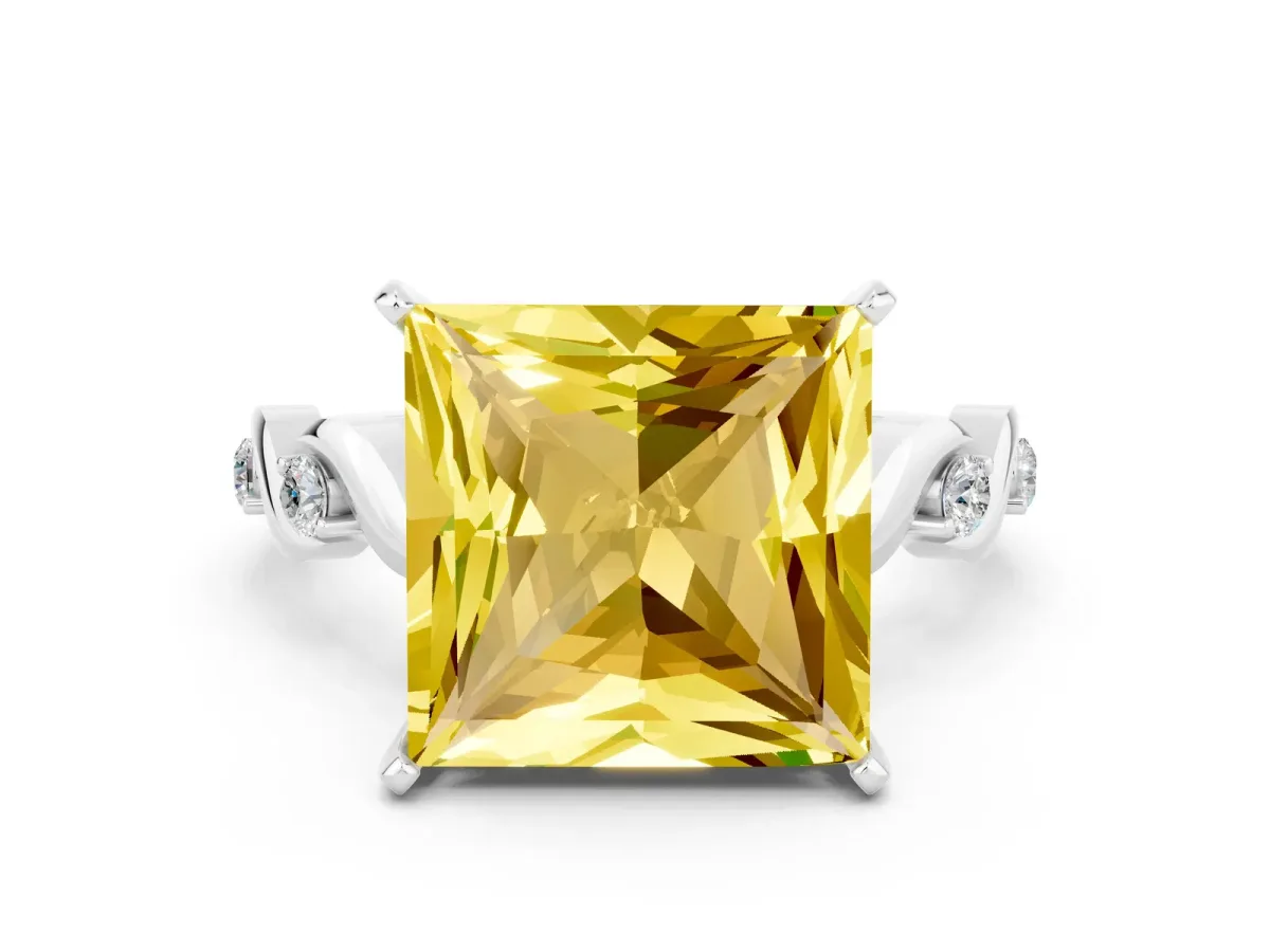Princess Cut Yellow Sapphire Solitaire Twisted Band with Round Accents and Prong Setting Platinum