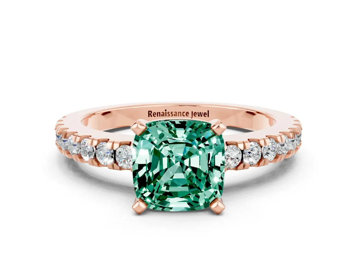 Cushion Cut Solitaire Green Sapphire with Pavé Band and Four-Prong Setting Rose gold