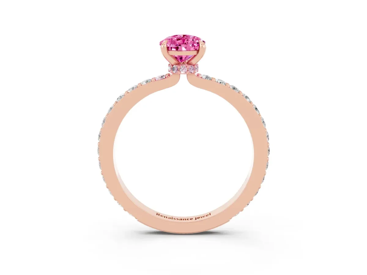 Pear Cut Pink Sapphire Solitaire Engagement Ring with Pavé Band and Four-Prong Setting Rose gold