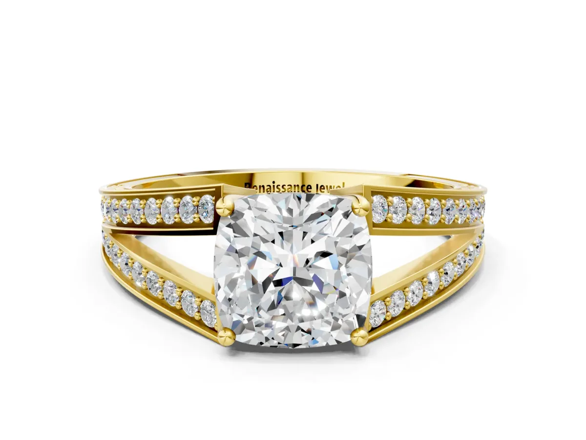 Cushion Cut Diamond Split Shank Ring with Pavé Band and Four-Prong Setting Yellow gold