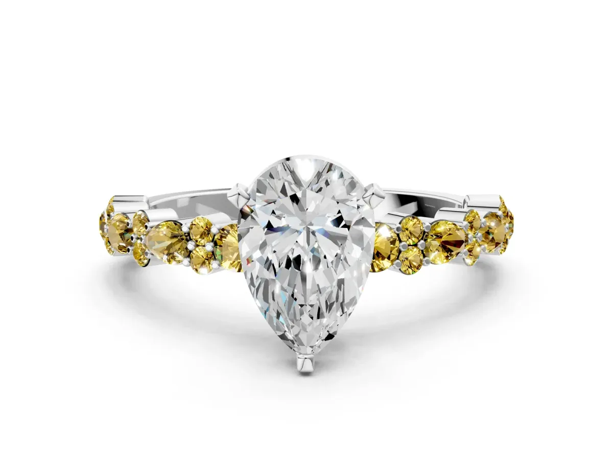 Pear Cut Diamond Side Stone Solitaire Ring with Round Yellow Sapphire and Four-Prong Setting White gold