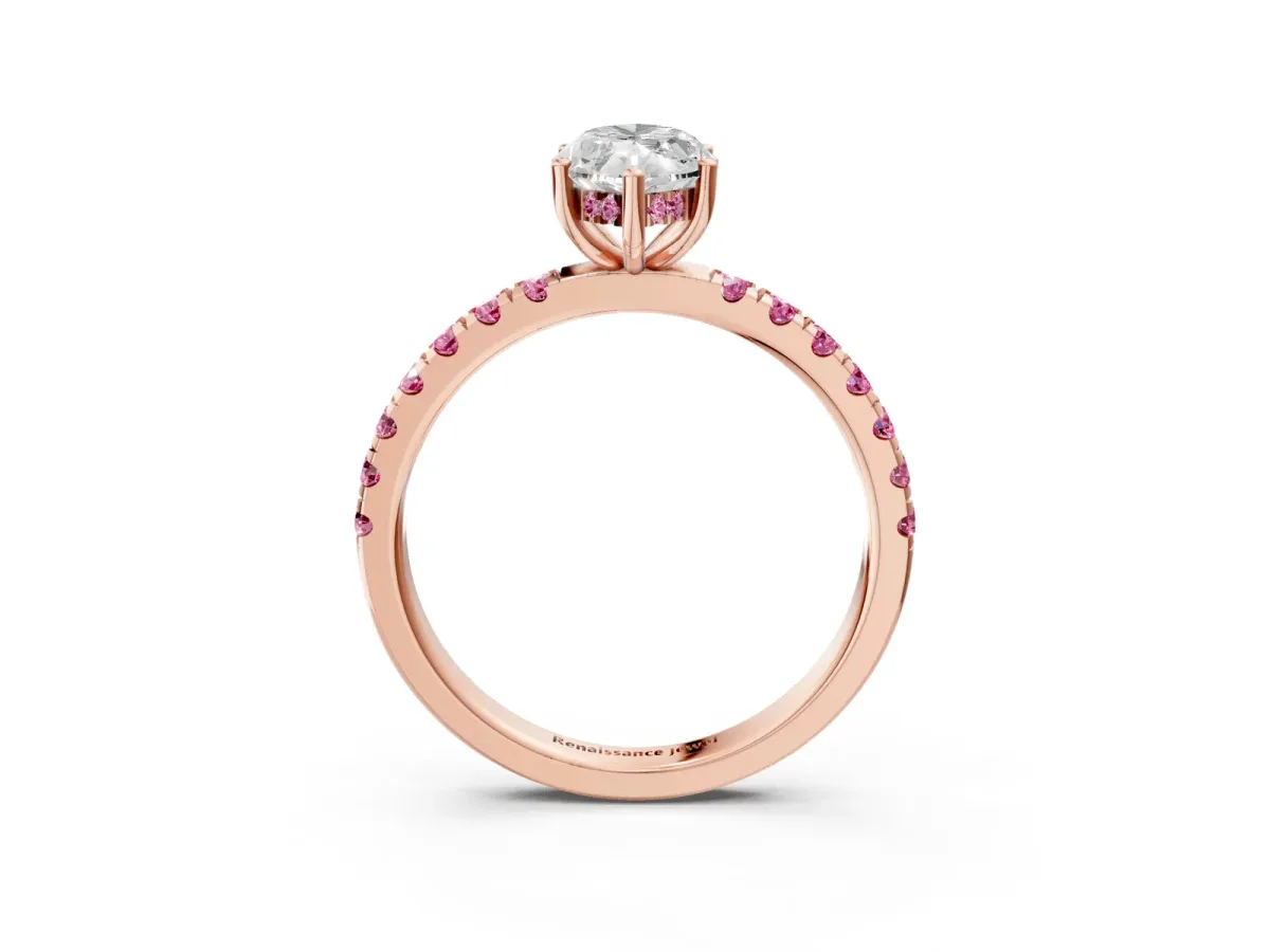 Marquise Cut Diamond Pave Band Solitaire Ring with Round Pink Sapphire and Prong Setting Rose gold