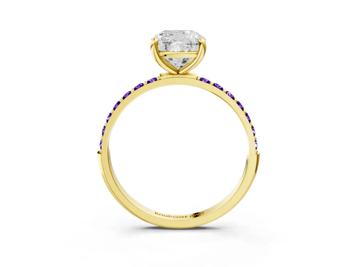 Cushion Cut Diamond Solitaire Ring with Round Tanzanite Pavé Band and Prong Setting Yellow gold