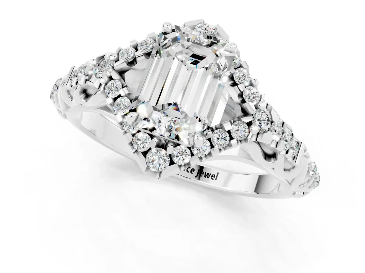 Emerald Cut Moissanite Solitaire Ring with Hidden Halo and Pavé Band White gold