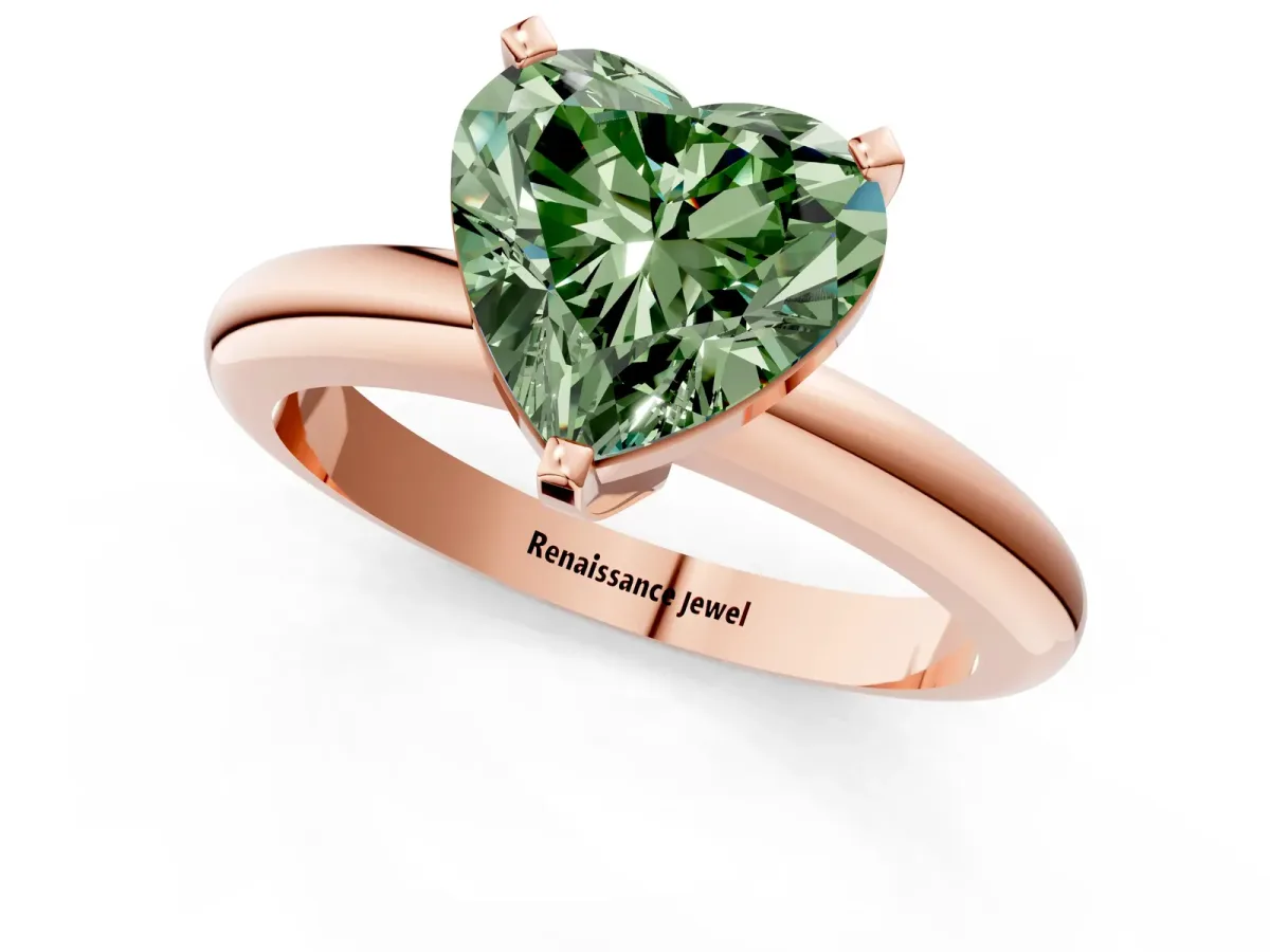 Fancy Green Heart Cut Diamond Solitaire Engagement Ring with Round Band and Four-Prong Setting Rose gold