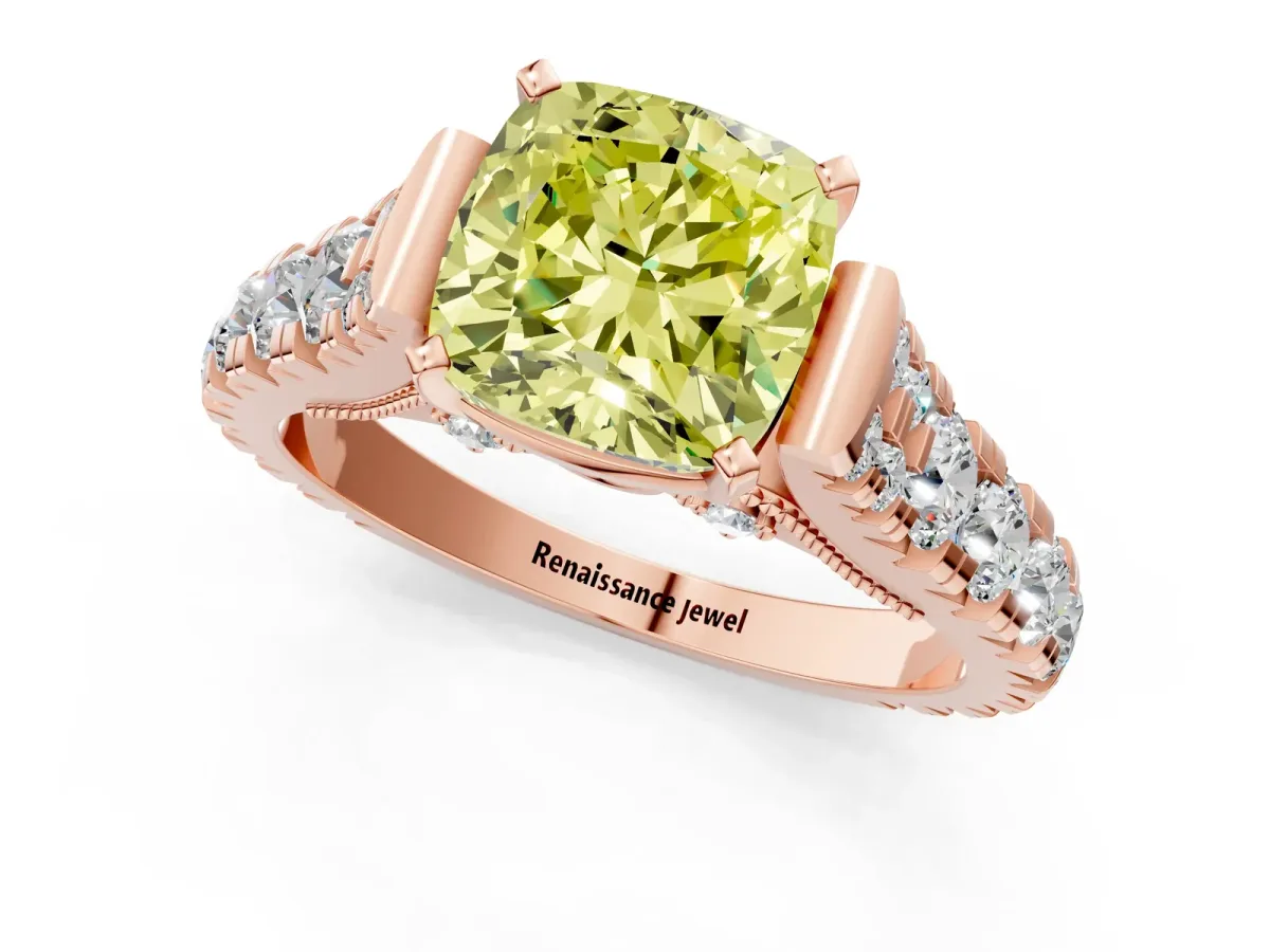 Fancy Yellow Cushion Cut Diamond Classic Solitaire Ring with Pavé Band and Four-Prong Setting Rose gold