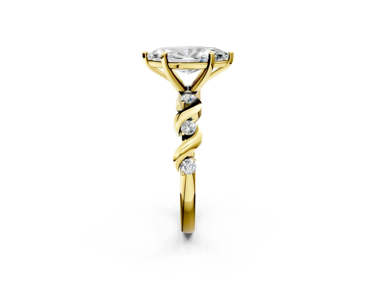 Marquise Cut Diamond Solitaire Twisted Band with Round Accents and Prong Setting Yellow gold