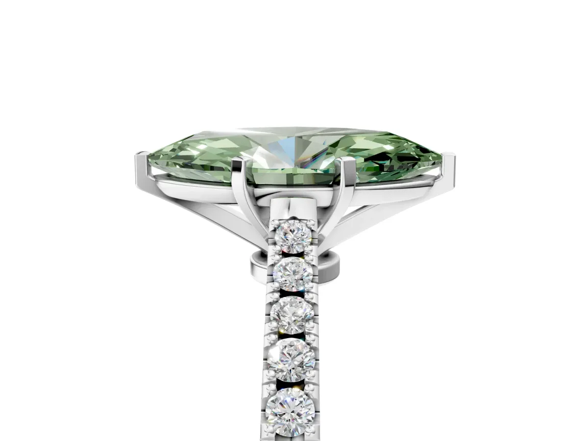 Fancy Green Marquise Cut Cut Solitaire Diamond Engagement Ring with Pave Band and Four-Prong Setting White gold