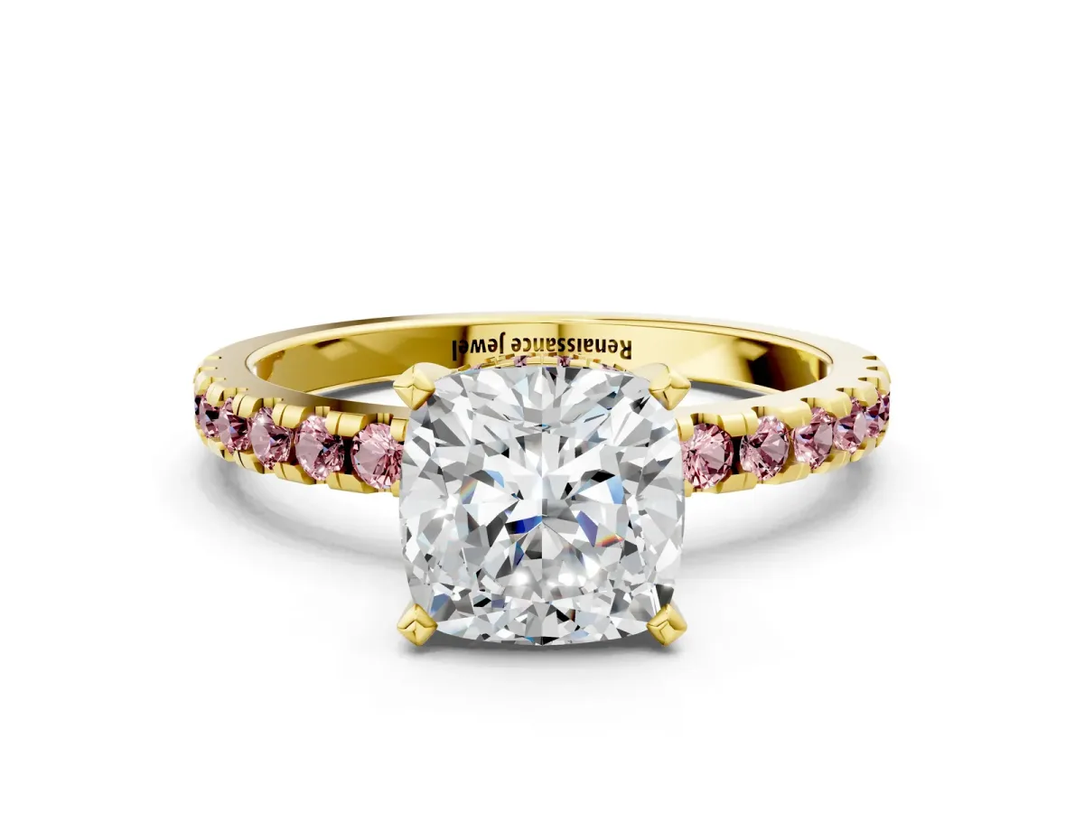 Cushion Cut Diamond Solitaire Ring with Round Morganite Pavé Band and Four-Prong Setting Yellow gold