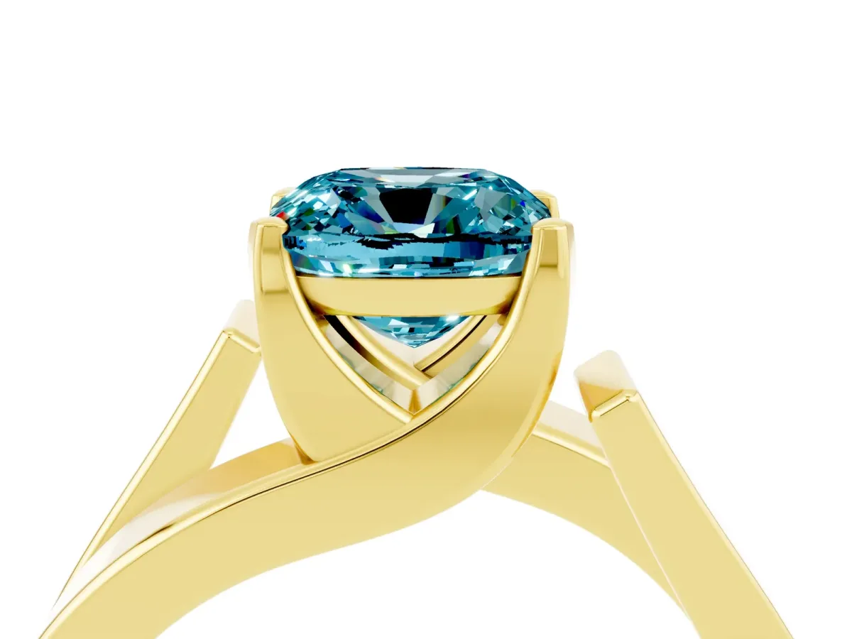 Modern Tension Set Cushion Cut Blue Topaz Solitaire Wide Band Ring Yellow gold