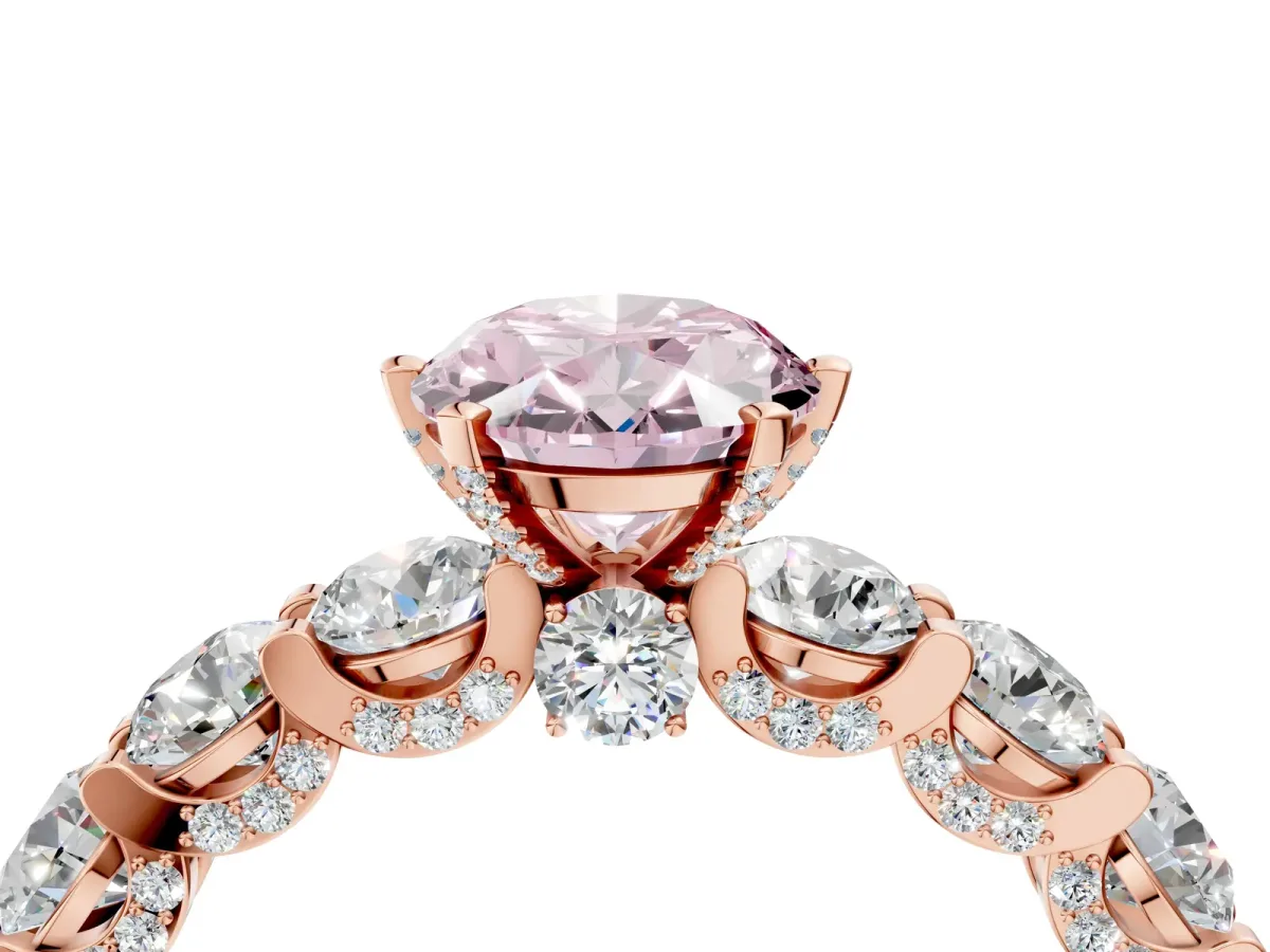 Fancy Pink Oval Cut Diamond Side Stone Engagement Ring with Four-Prong Setting Rose gold