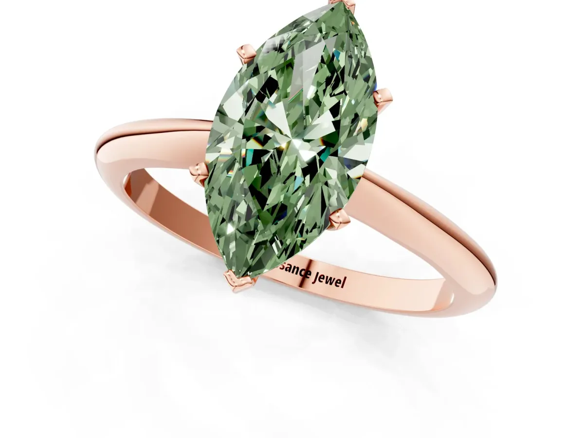 Fancy Green Marquise Cut Diamond Solitaire Engagement Ring with Classic Band and Four-Prong Setting Rose gold