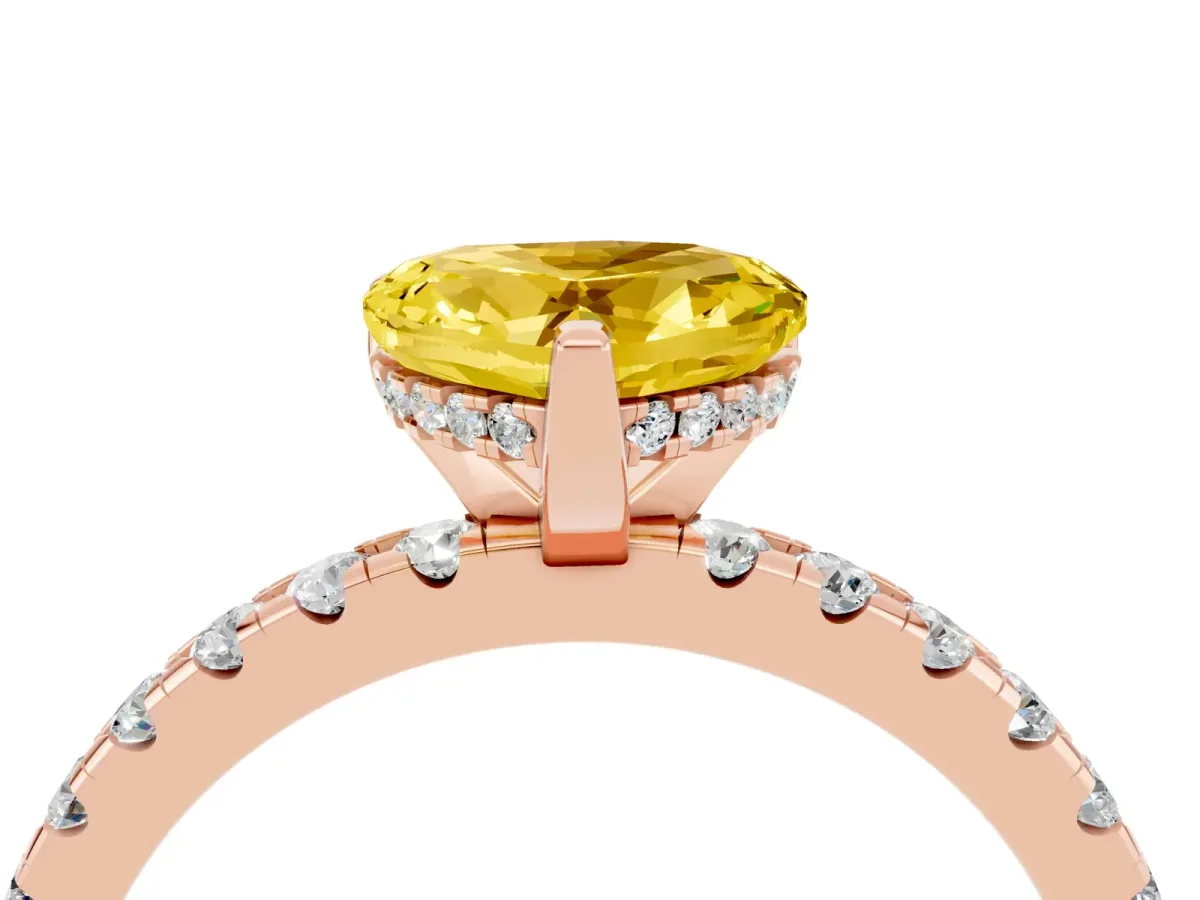 Heart Cut Yellow Sapphire Solitaire Ring with Round Pavé Band and Four-Prong Setting Rose gold