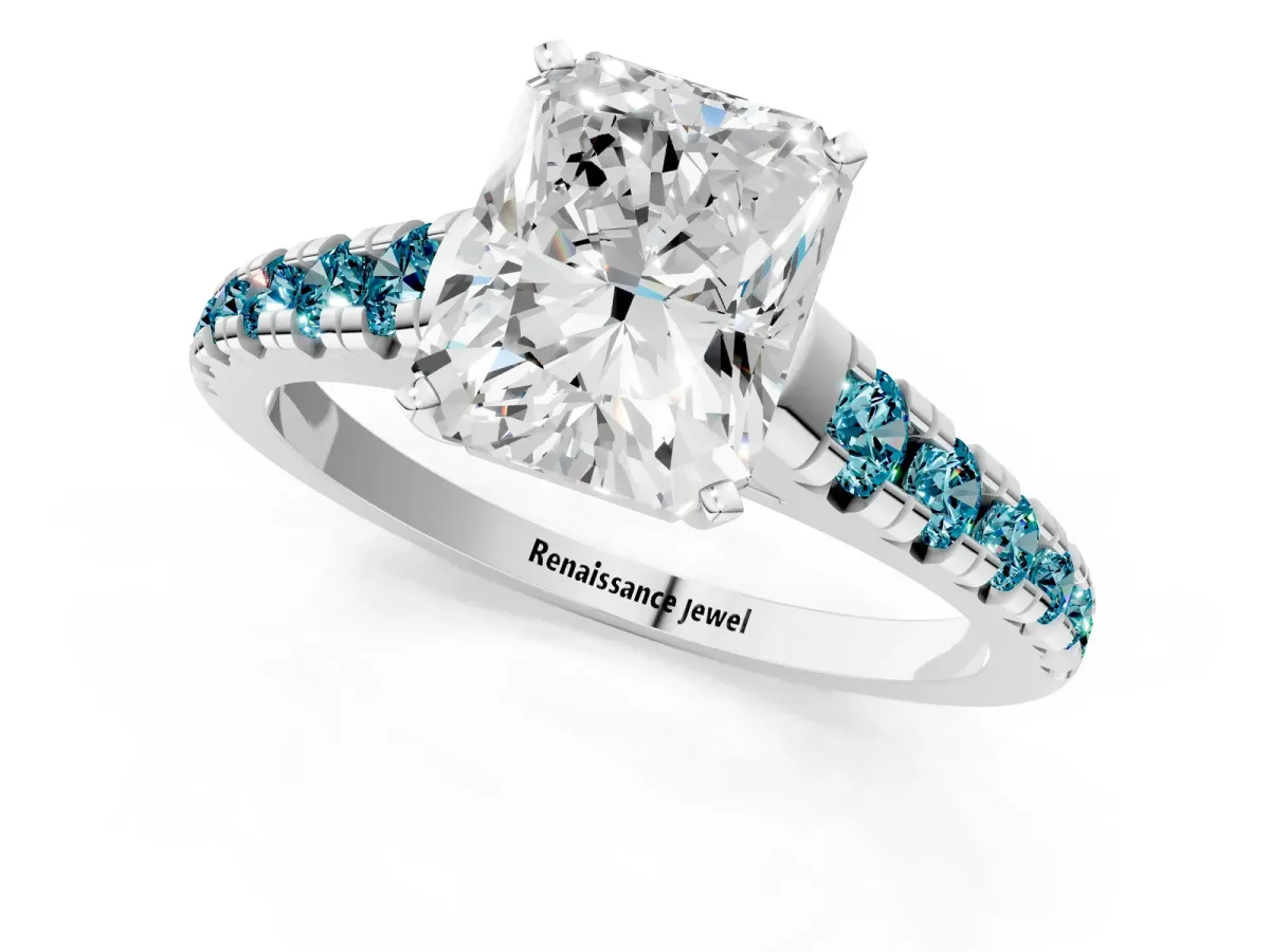 Radiant Cut Diamond Cathedral Solitaire Ring with Round Blue Topaz Pavé Band White gold